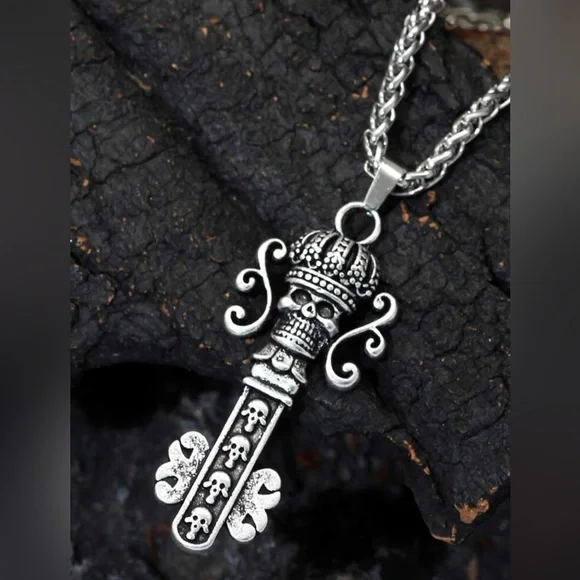 “Skeleton Key” Fancy Embellished Goth Regal Antique Silver Ornate Edgy Necklace - Picture 3 of 6